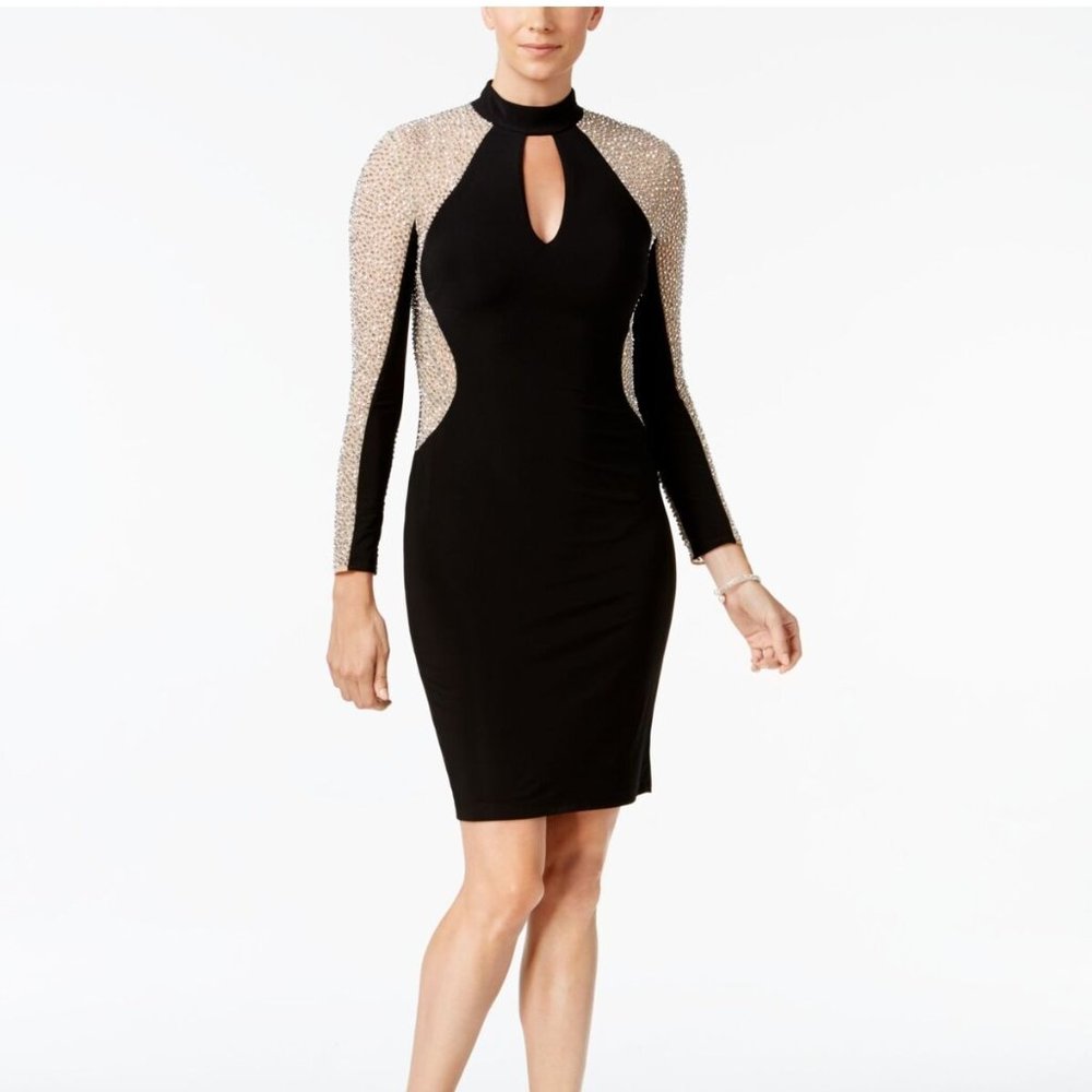 XSCAPE Womens Black Beaded Long Sleeve Keyhole Short Cocktail Sheath Dress